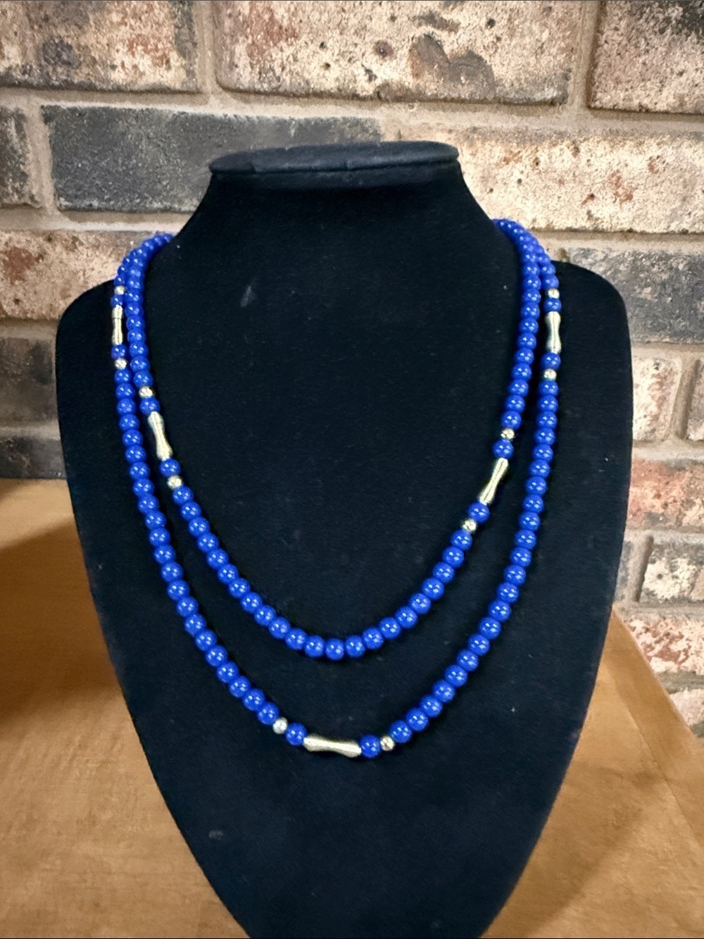 Mid Century Modern blue and gold beaded necklace